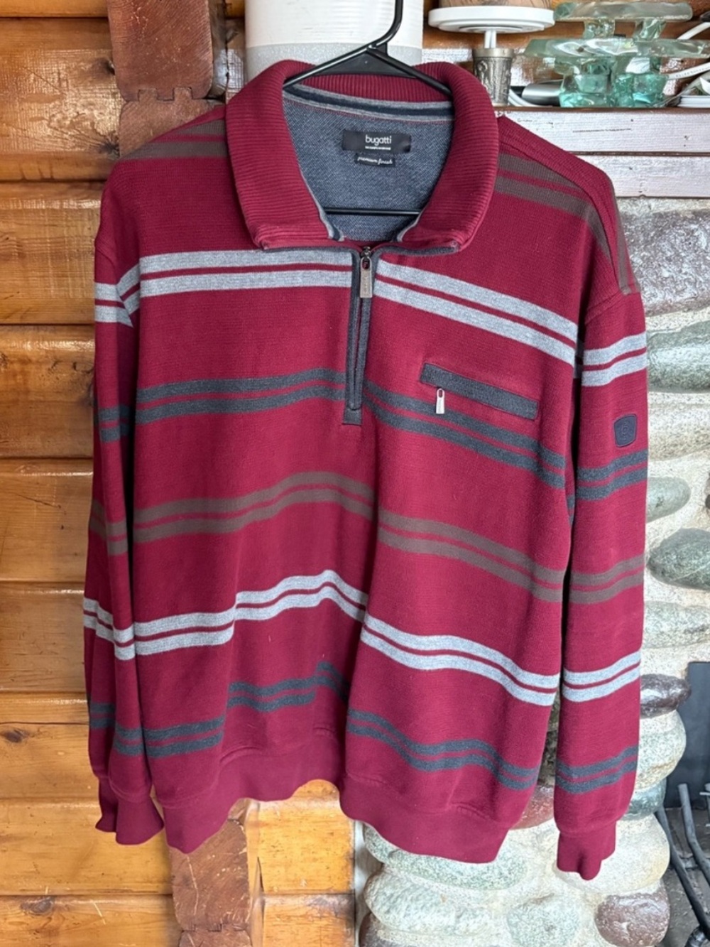 Bugatti European Brand Quarter Zip Knit Sweater XL Burgundy Striped Old Money